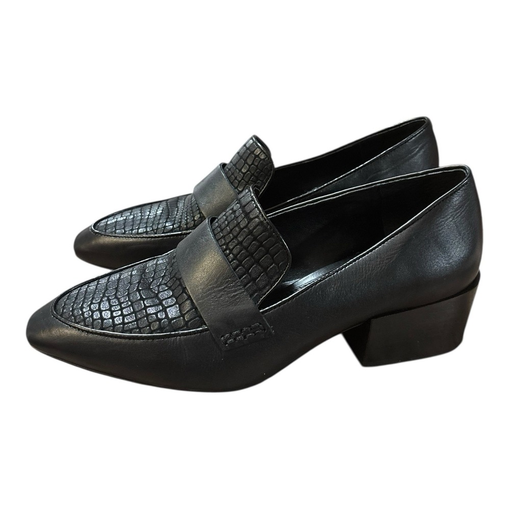 Vince Camuto Adealia Loafers 7.5M Black Leather Snakeskin Block Heel Pointed Toe